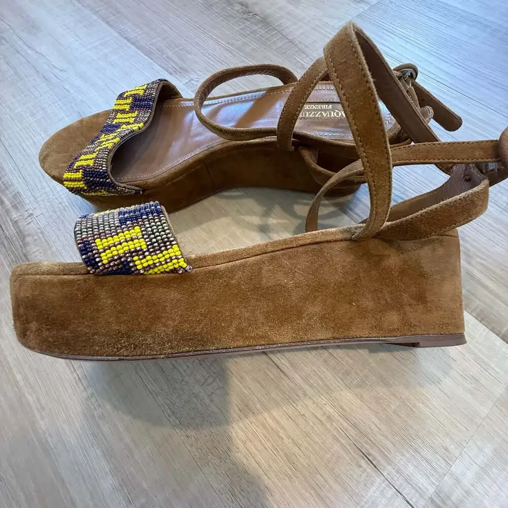 Sandals Aquazzura Firenze Beaded Suede Platform Wedge Sandals Size 38.5